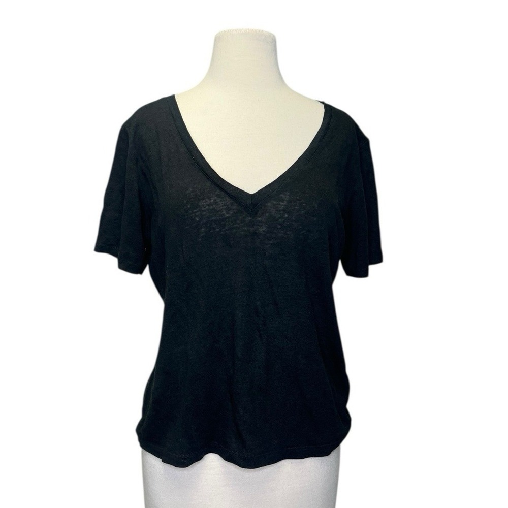 Vince Black Relaxed Short Sleeve Linen V-Neck T-Shirt Medium Quiet Luxury